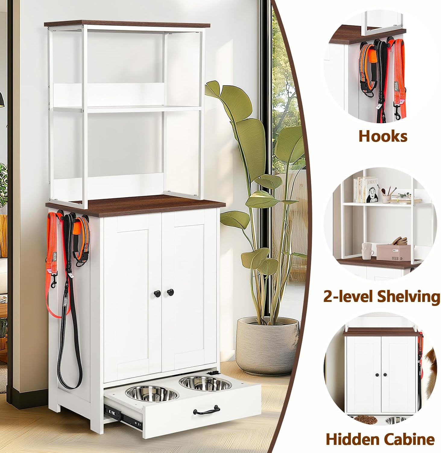 Dog Food Cabinet with 2-Level Shelving, Dog Food Storage Cabinet with Bowls and Drawers, Pet Feeding Station with Adjustable Shelves and Hooks (White-2 Level Shelving)