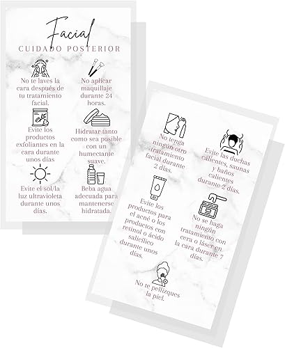 Tarjeta de cuidado posterior facial español, paquete de 50, tarjeta de visita de 2 x 3.5 pulgadas, suministros faciales, para clientes para