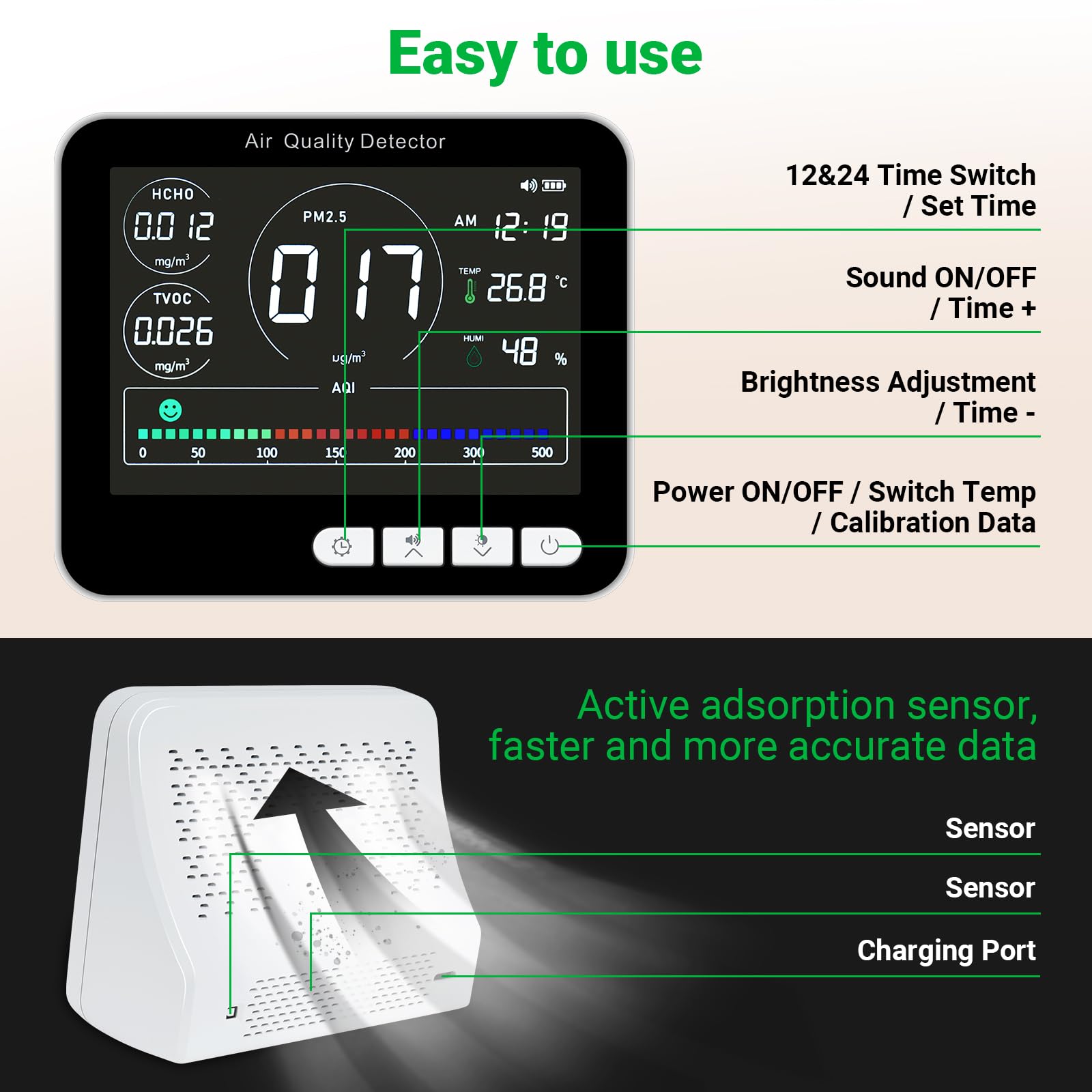 Medidores de Calidad de Aire Interior, 9 In1 Air Quality Monitor, PM1.0, PM2.5, PM10, HCHO, TVOC, AQI, Time, Temperature, Humidity, Indoor Detects