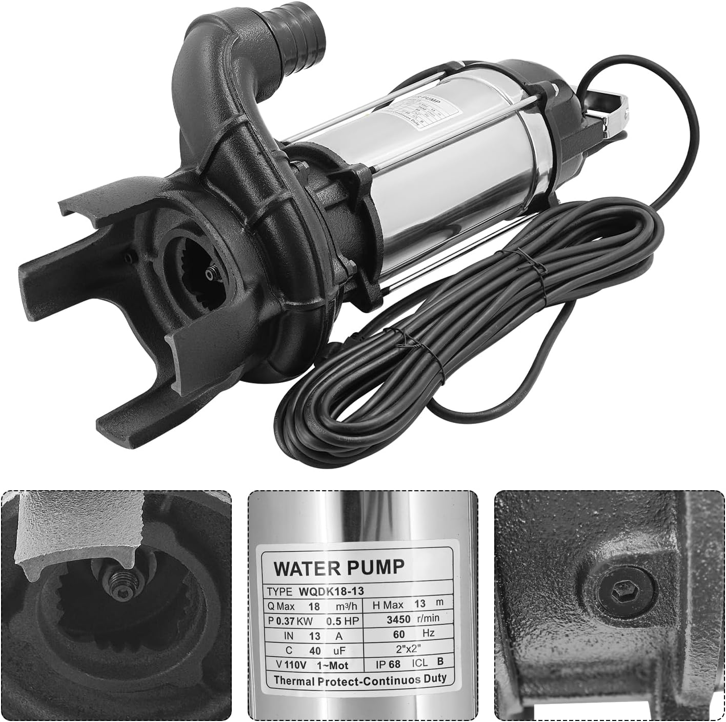 4PN 1/2 HP Submersible Sump Pump With Float Switch Replacement for Tsurumi Pump 4-PN 50PN2.4S Pond Waterfall Pump, Cast Iron and Stainless Steel, 4755 GPH, 2" Discharge, H Max 44ft