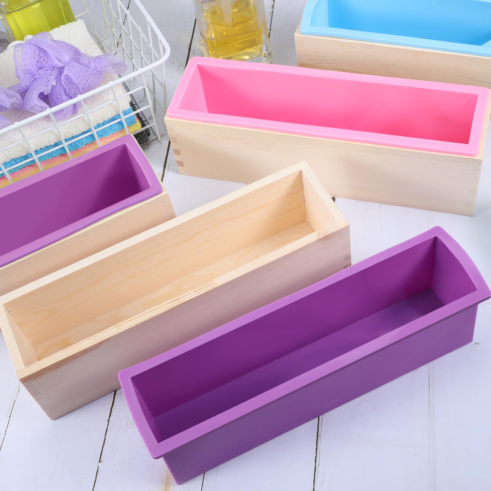 Ziliny 3 moldes de jabón de 42 onzas, moldes rectangulares de silicona para hacer jabón con 3 cajas de madera, moldes flexibles para hacer jabón artesanal, herramientas caseras (morado, rosa, azul)