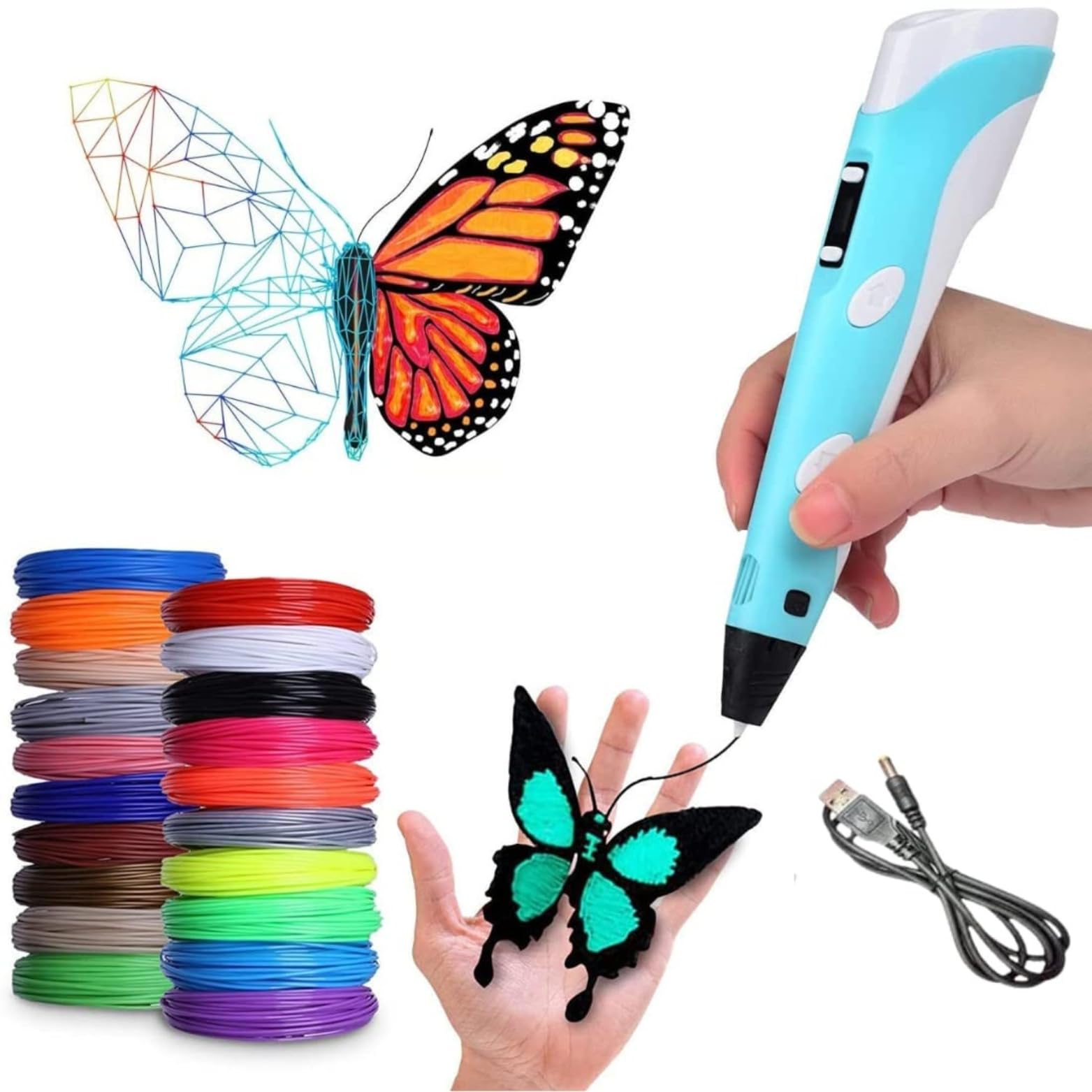 SHISHI 3D Printing Pen with Display - includes 3D Pen, 3 Starter Colors of PLA Filament, Stencil Book + Project Guide, and Charger
