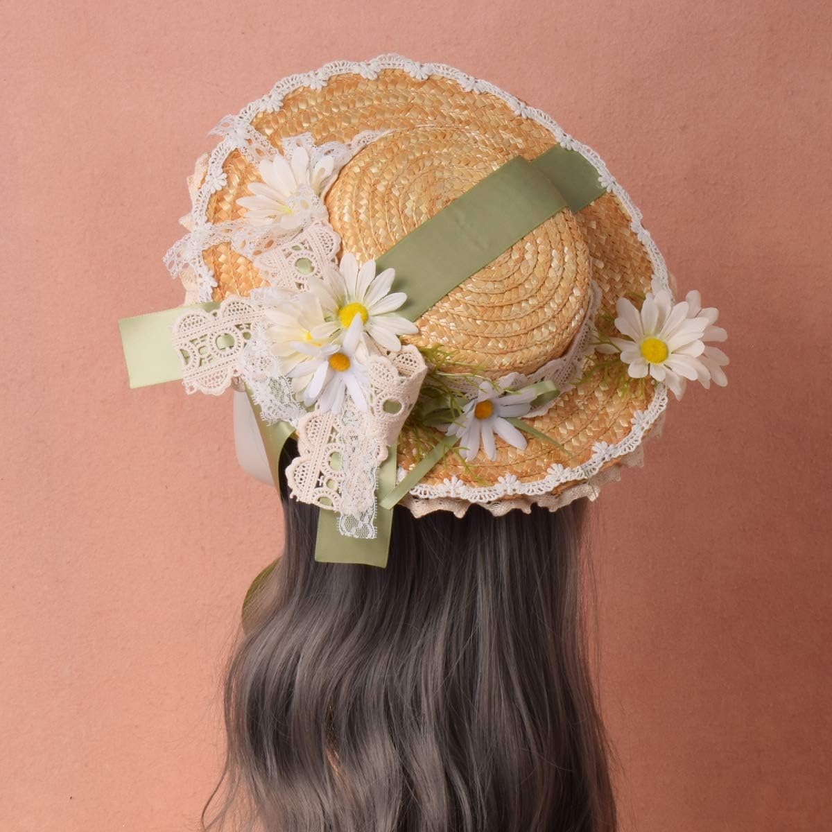 COSDREAMER Girls Women Tea Party Sun Hat Lace Ribbons Straw Hats Small - Image 5
