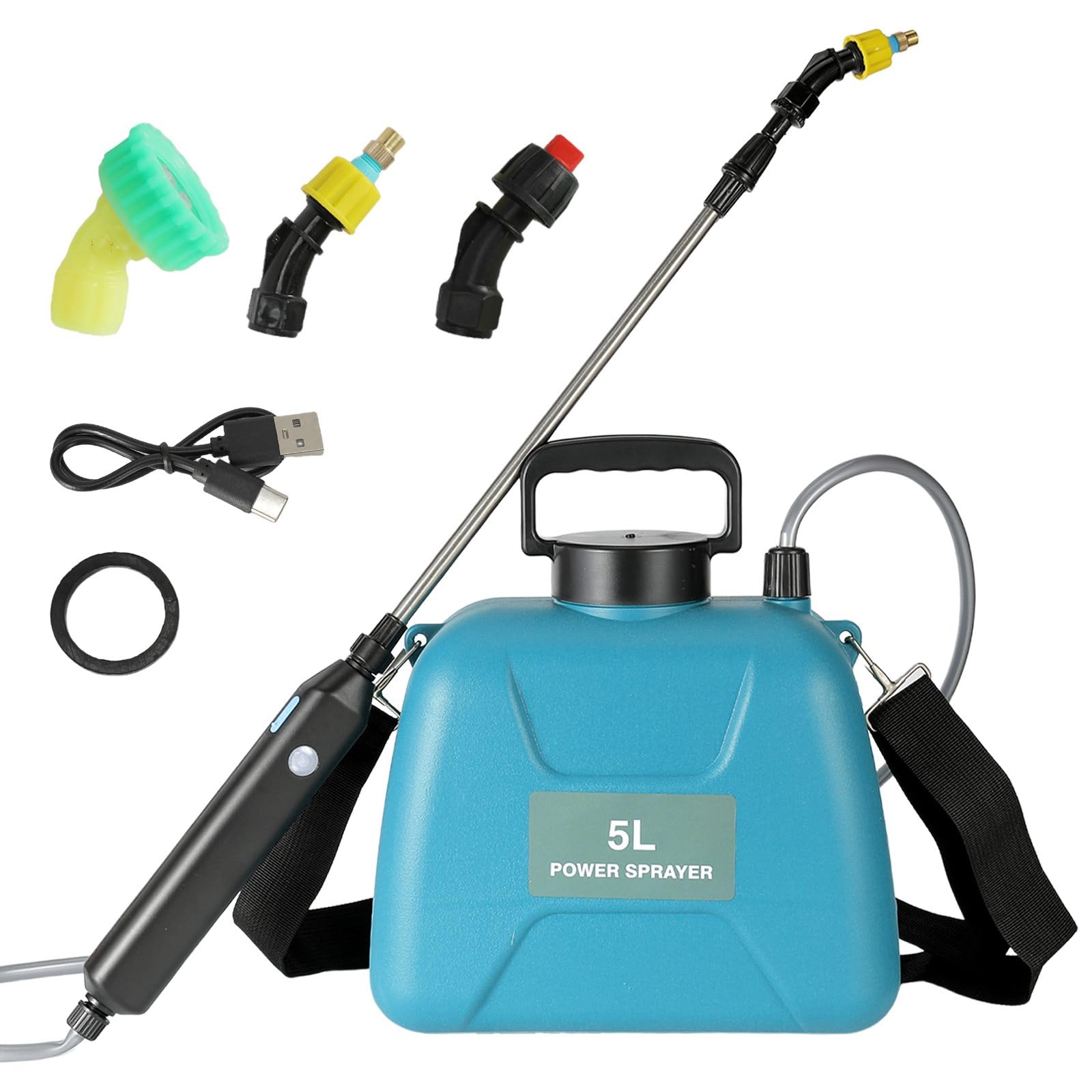 Pulvérisateur électrique 5L,Pistolet Pulvérisateur Télescopique Rechargeable avec 2 Buses,Pulverisateur Toiture,Batterie 2400 mAh pour Le Nettoyage par Pulvérisation des Plantes de Jardin (Bleu + 5L)
