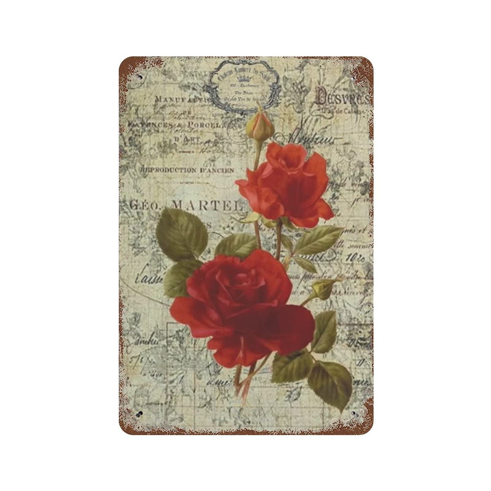 Red Rose Vintage Floral Metal Tin Sign Holiday Housewarming Farmhouse Door Wall Decor Gift 12x8 Inch