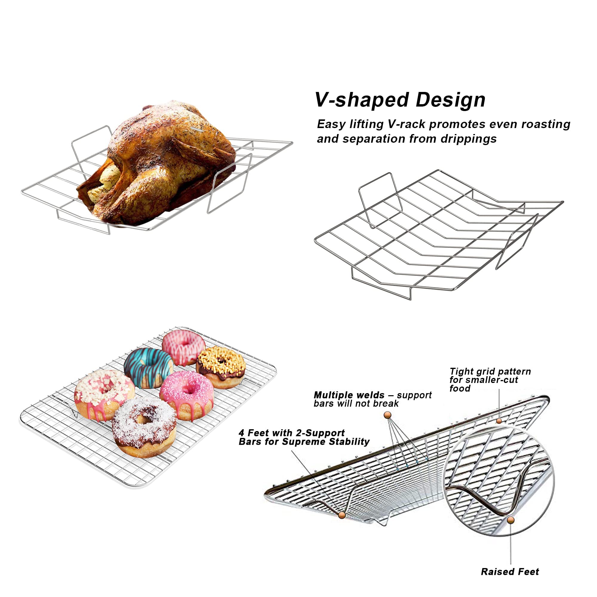 41cm super Große Grill- und Auflaufform mit Rost und V-Form Gitterrost, Yoassi Edelstahl Rechteckig Grillschale Bräter mit Griffen für Hähnchen, Robust & Gesund & Spülmaschinenfest, 3-Pack