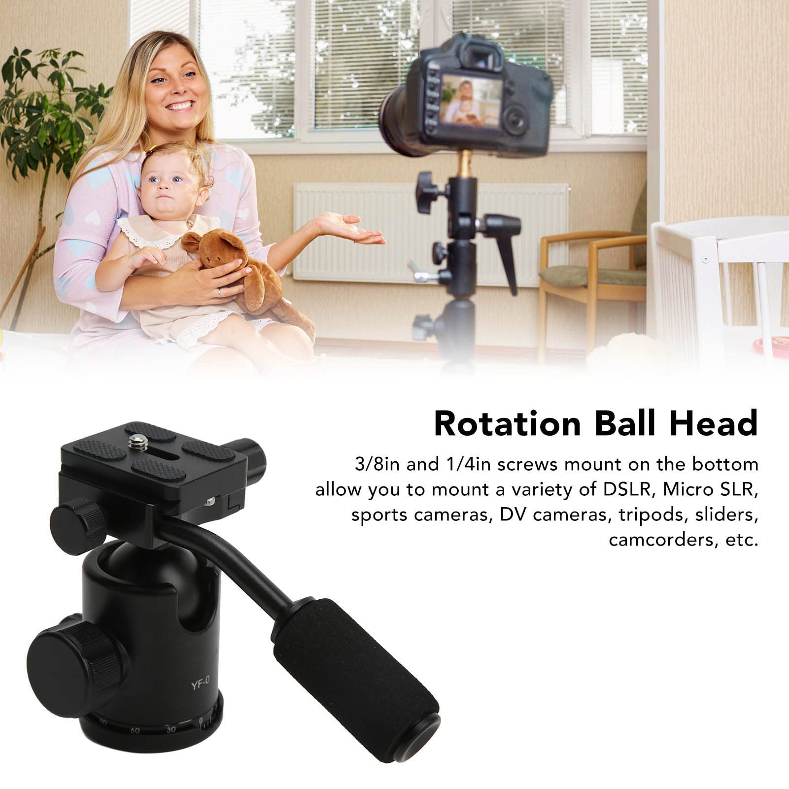 Ball Head with Handle, Metal Heavy Duty Camera Tripod Ball Head 360 Degree Rotating Camera Mount Ball Head for Monopod, Slider, DSLR Camera, Camcorder 5-10Kg Load Capacity
