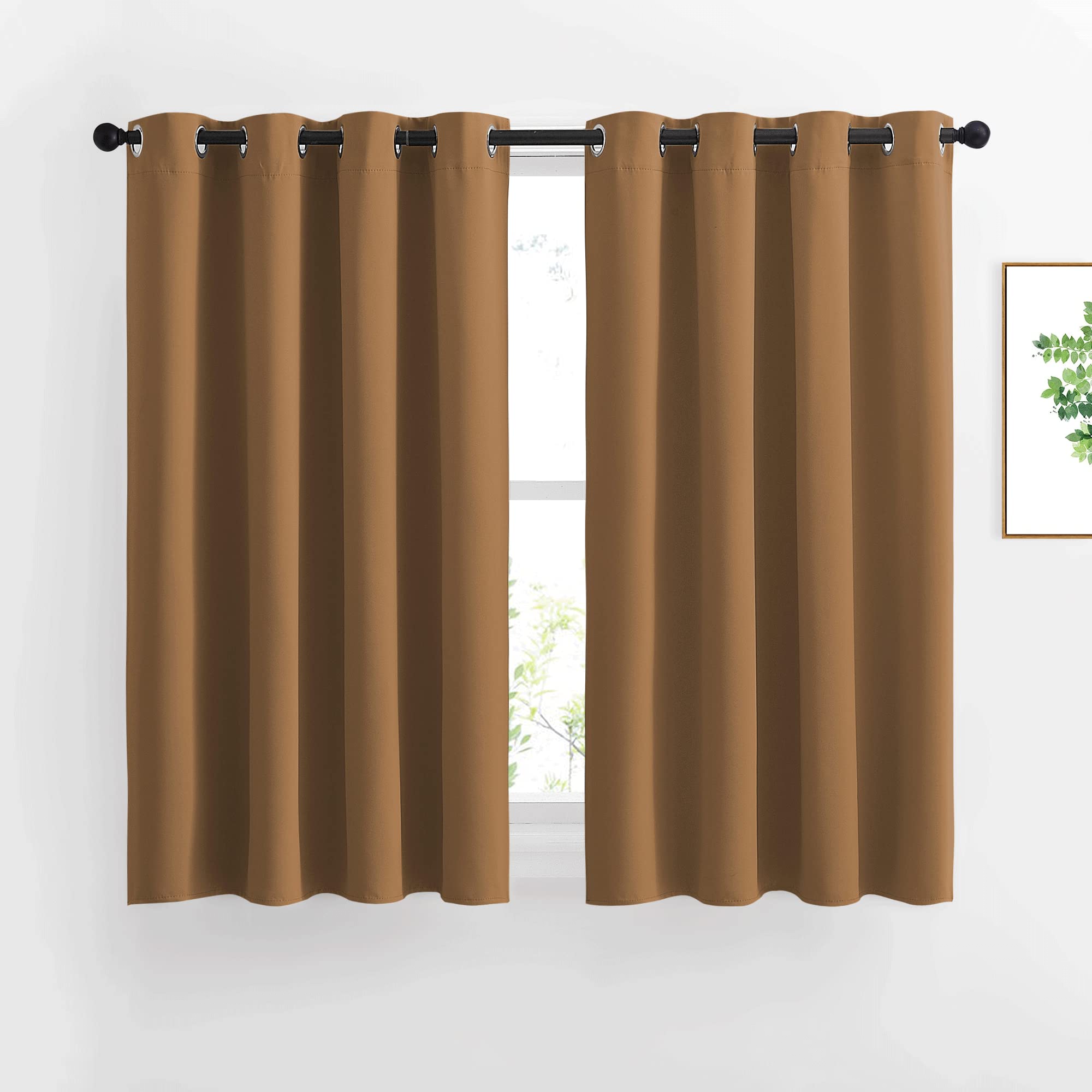 NICETOWN Kitchen Window Curtains Over Sink - Grommet Blackout Solid Vertical Small Curtains & Drapes Noise Reducing for Laundry, Gold Brown, W52 x L45, 2 Panels