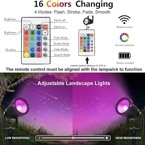 Miniatura 6 de Luces de paisaje de bajo voltaje que cambian de color RGB 5W DC12V LED iluminación de paisaje al aire libre, foco impermeable con control remoto