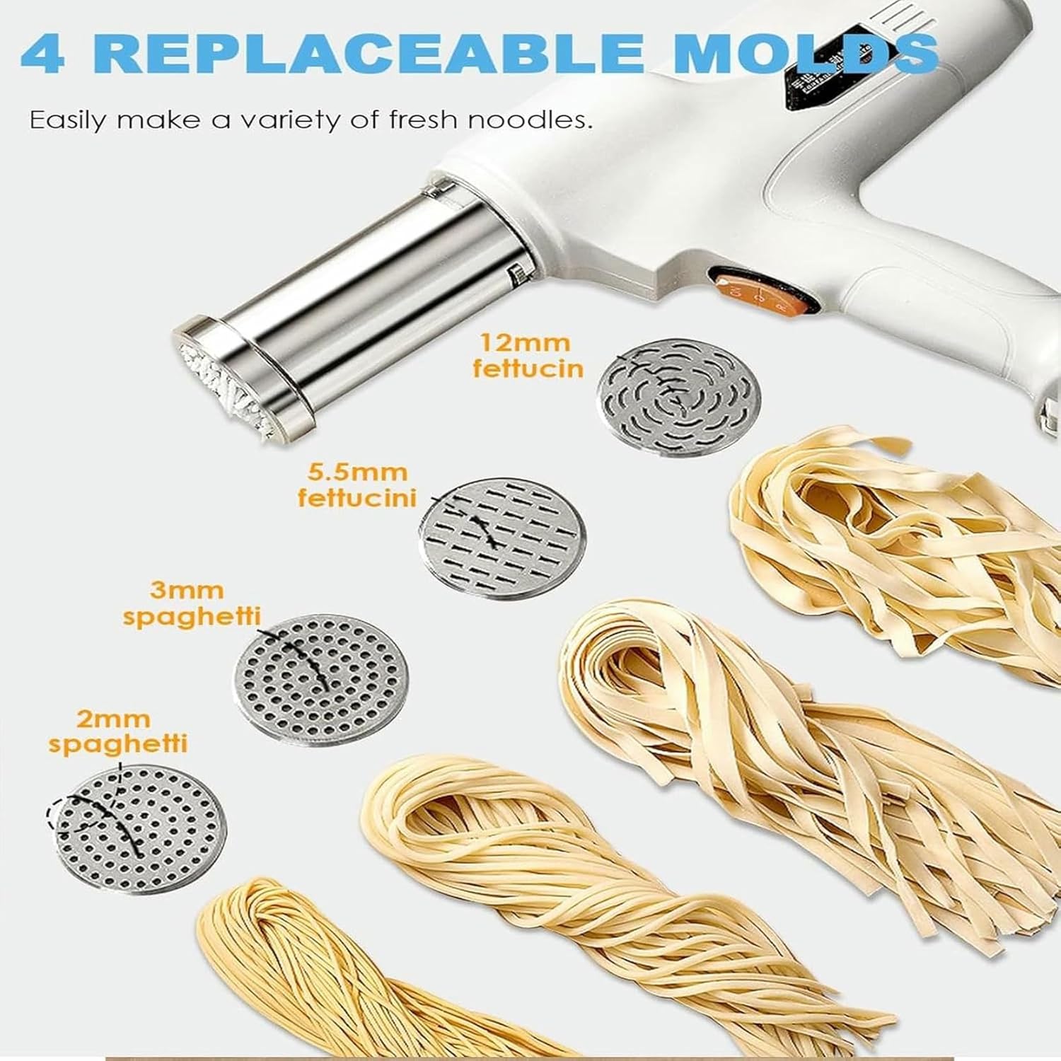 Electric Handheld Pasta Maker, Portable Electric Pasta Maker Machine with 4 Pasta Molds, Detachable Design for Make Noodles And Enemas,White (White)