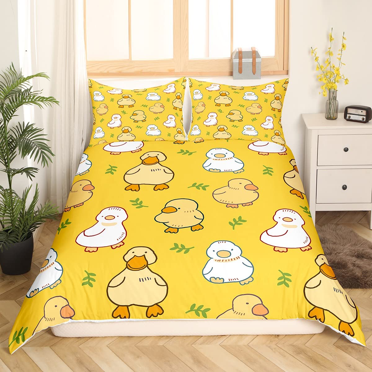 Homewish Cartoon Duck Duvet Cover for Kids Boys Girls,Lovely Yellow Duck Comforter Cover Set,Cute Hand Drawn Goose Bedding Sets King,Lovely Farmhouse Animal Quilt Comforter with 2 Pillowcase - Image 2