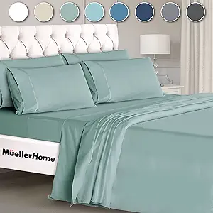 Mueller Luxury 6 PC Full Size Bed Sheets, Super Soft 1800, Deep Pocket up to 16" Full Size Sheets, Transfers Heat, Breathes Better, Hypoallergenic, Wrinkle-Resistant, Oeko-TEX, Light Teal
