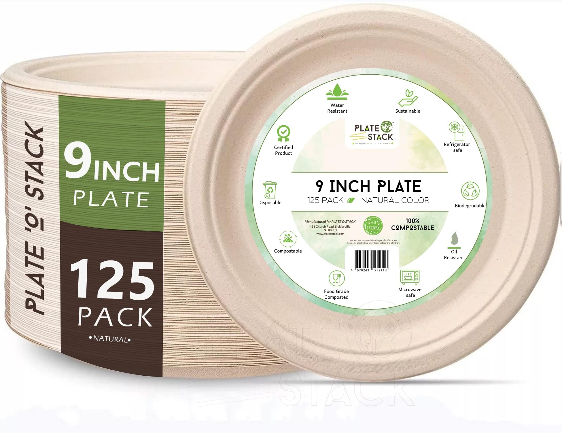 100% Compostable Disposable Paper Plates [125-Pack] - (PFAS-Free) - (BPI Certified) - [9 Inch] Heavy Duty, Eco-Friendly, Biodegradable Bagasse Dinner Plates - Natural Brown 9" Plate by Plate'O'Stack