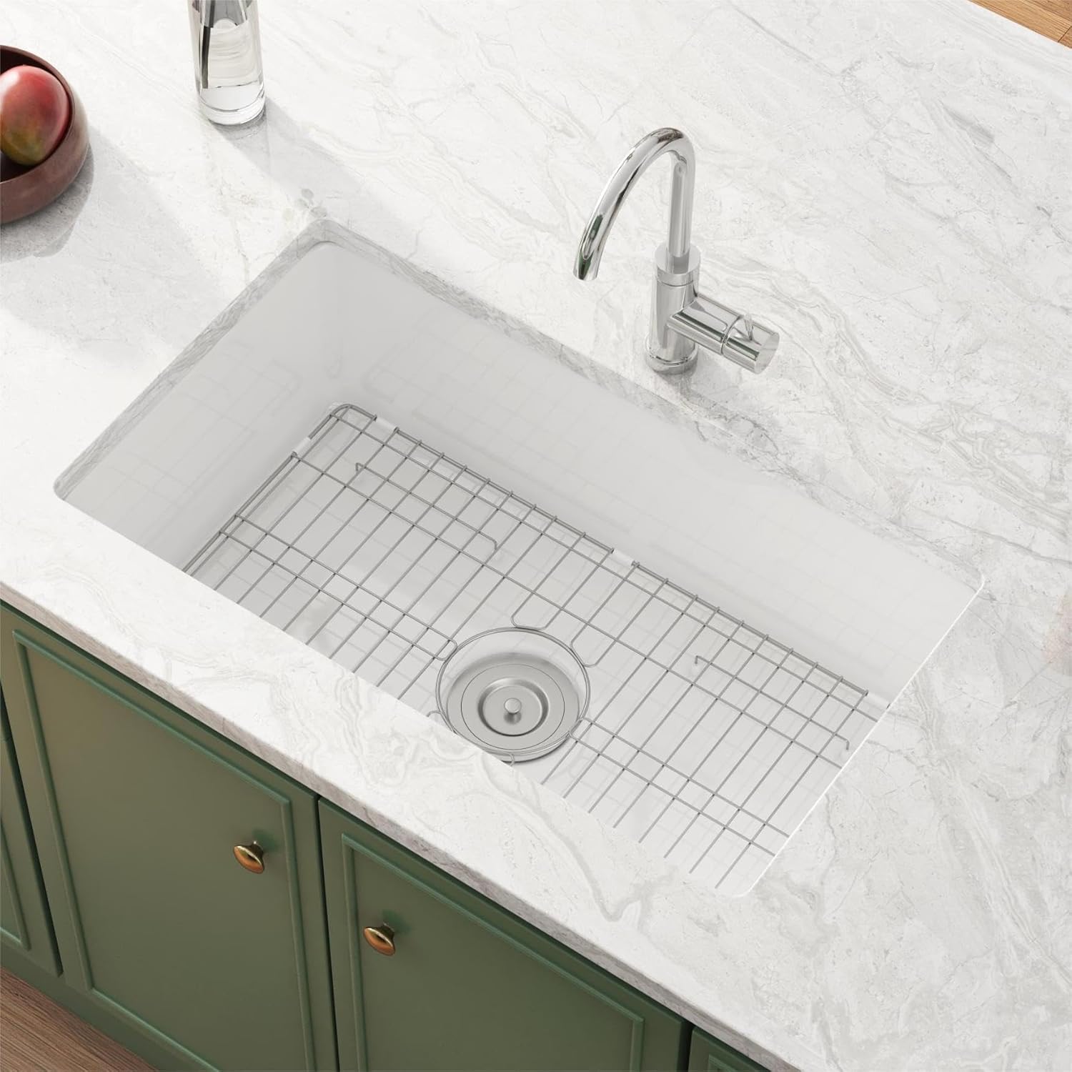 Eridanus 30" x 18" Undermount Fireclay Dual Mount Deep Single Bowl Kitchen Sink - White with Bottom Grid and Strainer Drain