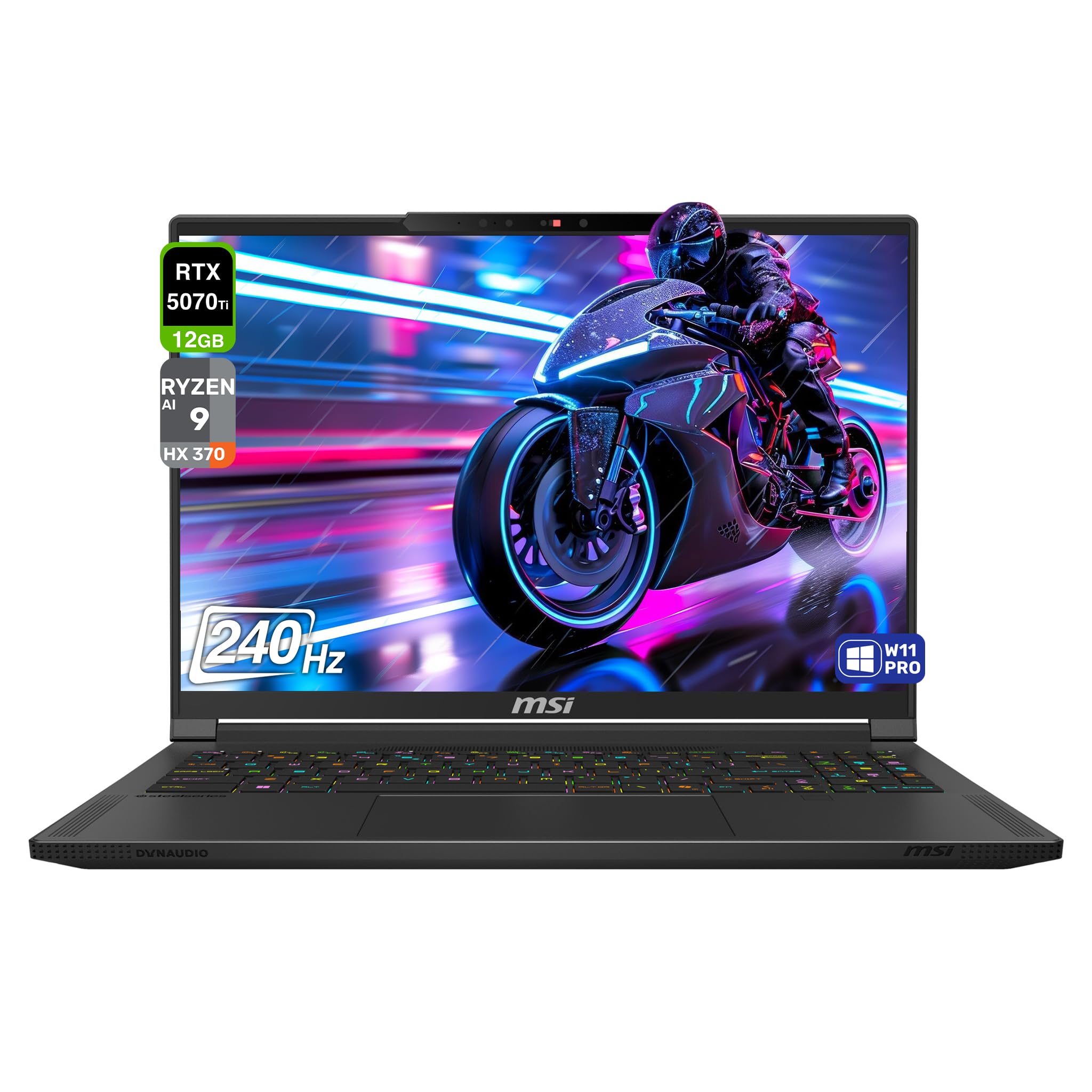 Stealth A16 AI+ Gaming Laptop, AMD Ryzen AI 9 HX-370, 32 GB LPDDR5x RAM, 2 TB PCIe SSD, 16" QHD+ (2560x1600) 240Hz, Nvidia G-Force RTX 5070 Ti, RGB Backlit Keyboard, W11 Pro, Core Black