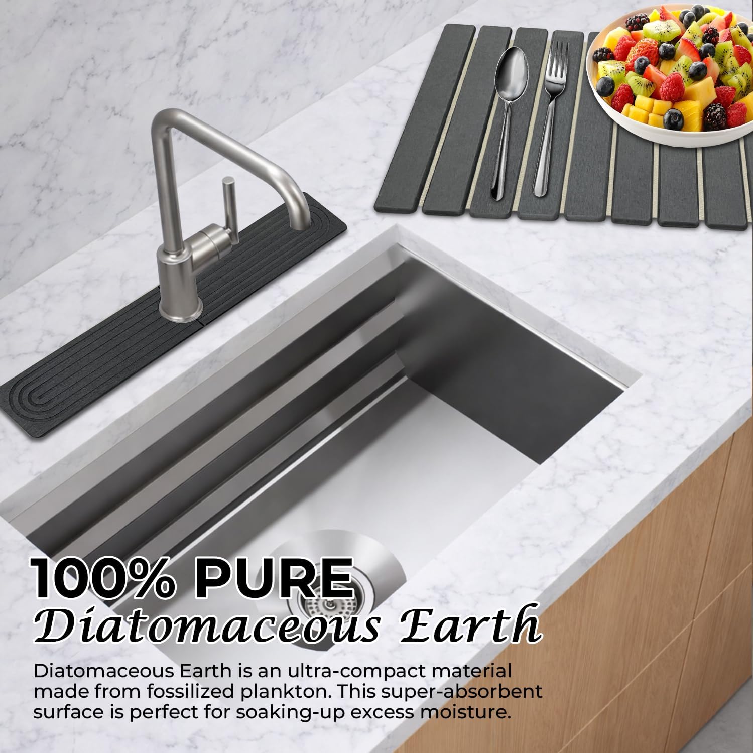 Stone Drying Mat for Kitchen Counter – Foldable Diatomaceous Earth Dish Drying Stone, Fast Absorbing, Non-Slip, Sink & Faucet Splash Mat, Includes Maintenance Sandpaper & Base Mat