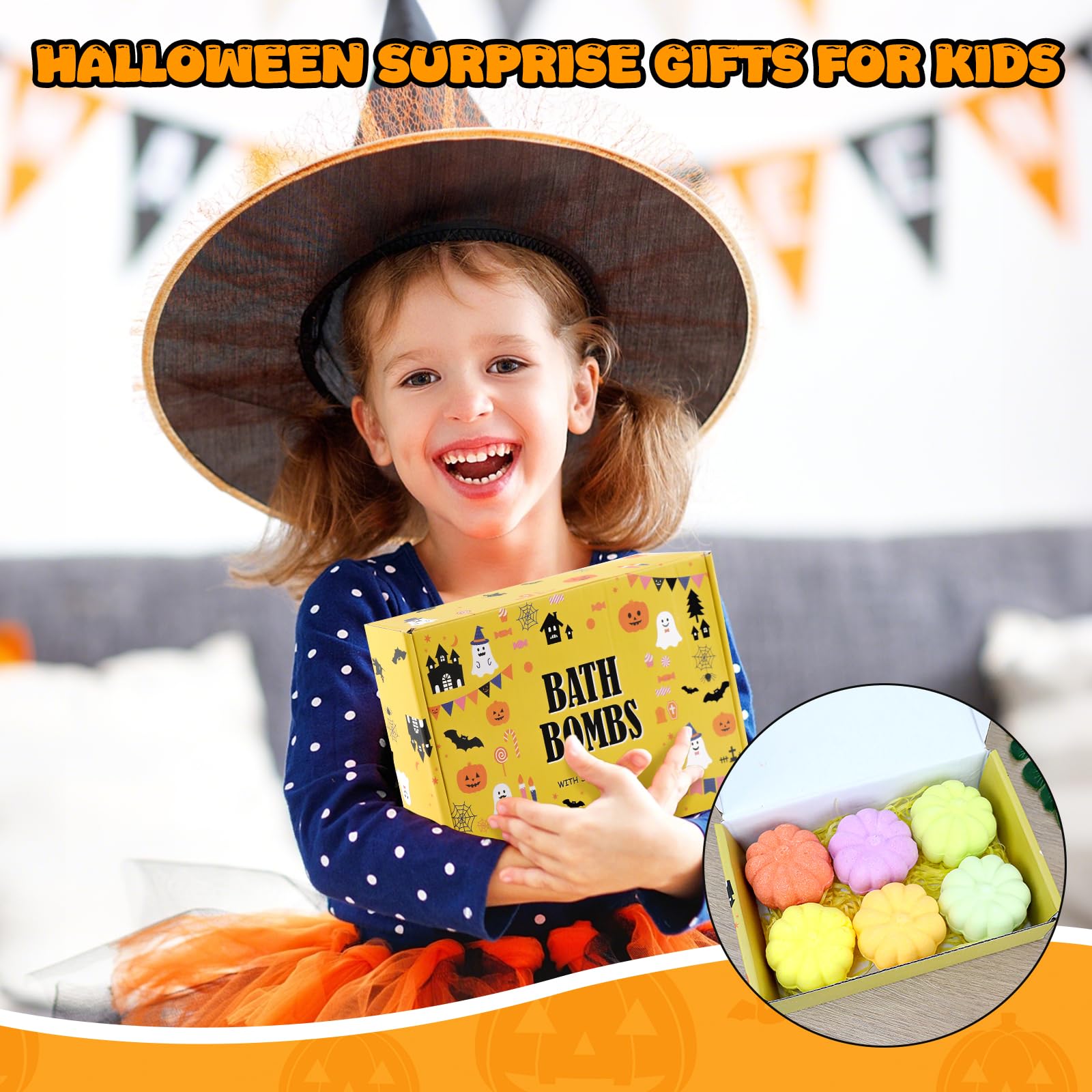 Bombas de baño de Halloween con juguetes sorpresa | 6 bombas de baño con forma de calabaza, fórmula con sales de baño, sorpresa de baño para Halloween