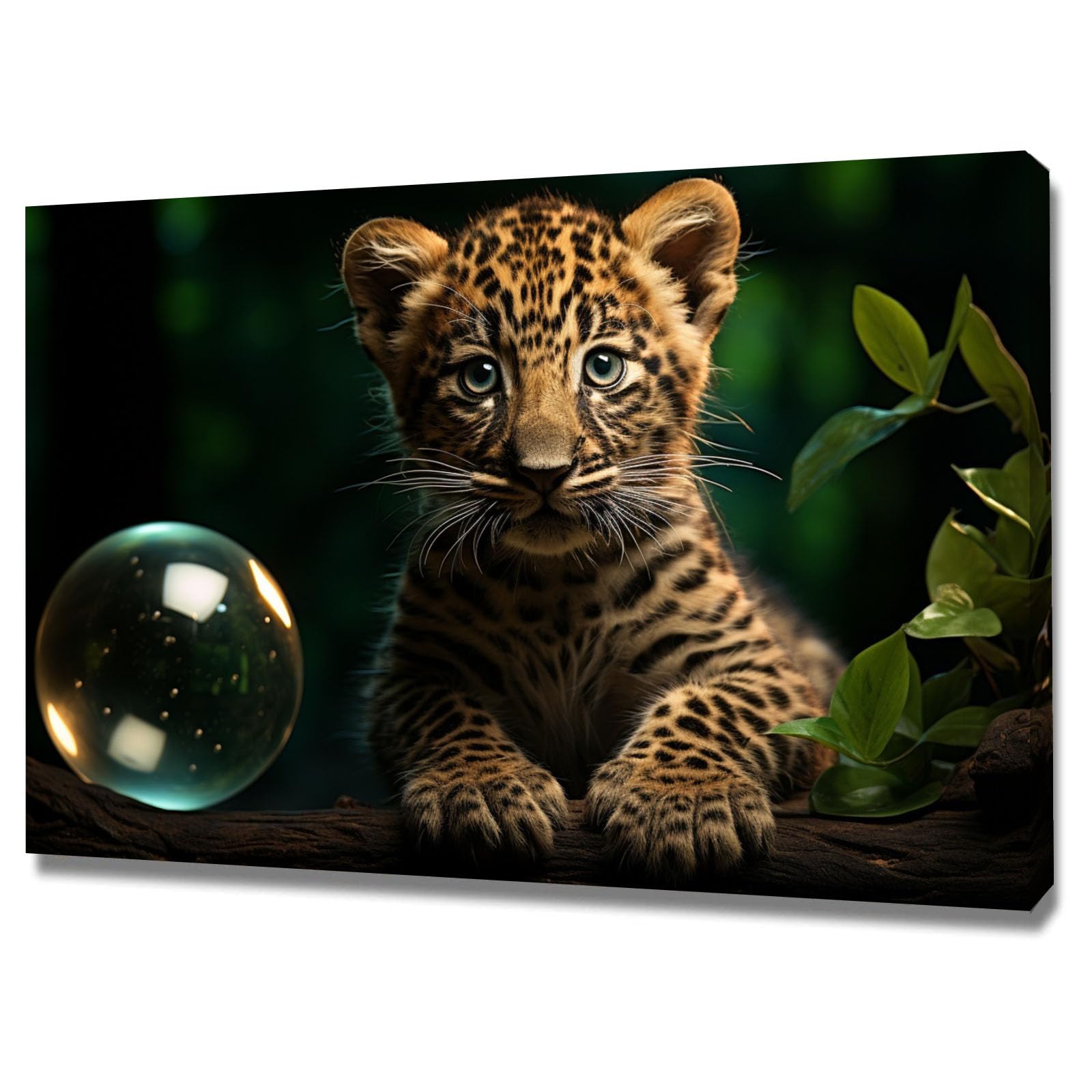 TERUEA Funny Bathroom Wall Art Poster Cute Leopard Cub Ball Dark Forest Portrait Humor Poster Picture for Toilet Bathroom(Green)-60x90cm Framed