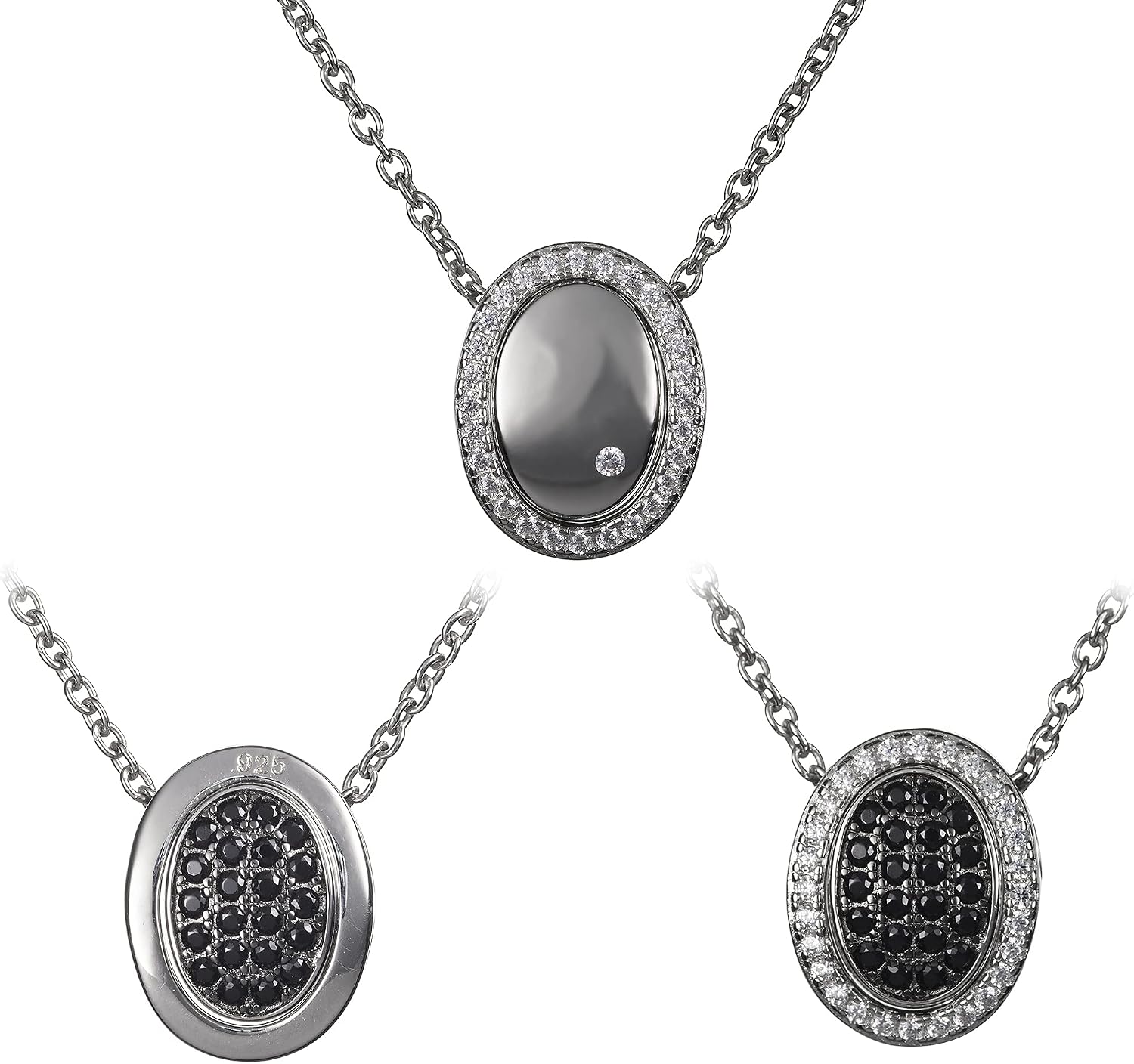 namana 925 Sterling Silver Black and White Pendant Necklace for Women. Reversible Pendant Necklace for Women with Black and Clear Cubic Zirconia Stones