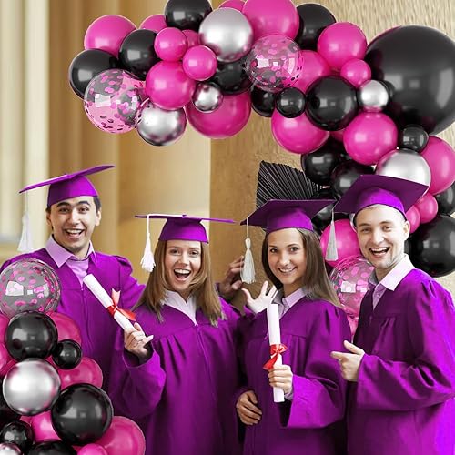 Miniatura 5 de Guirnalda de globos rosa y negro, kit de arco de globos de BTZO con globo de confeti plateado metálico, globos negros y rosas para cumpleaños,