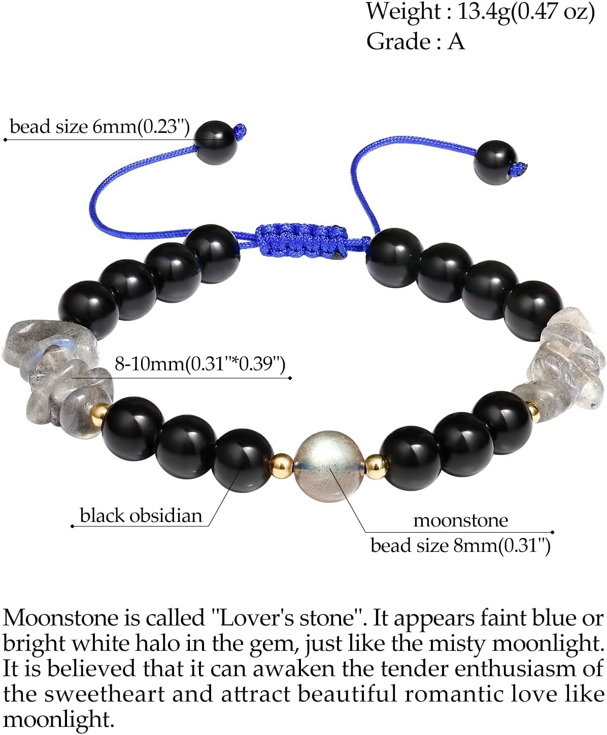 Jewever Natural Real Moonstone/Black Obsidian Bracelets Crystals and Gemstones Bracelet for Women Reiki Spiritual Handmade Amulet Protection Jewelry - Image 3