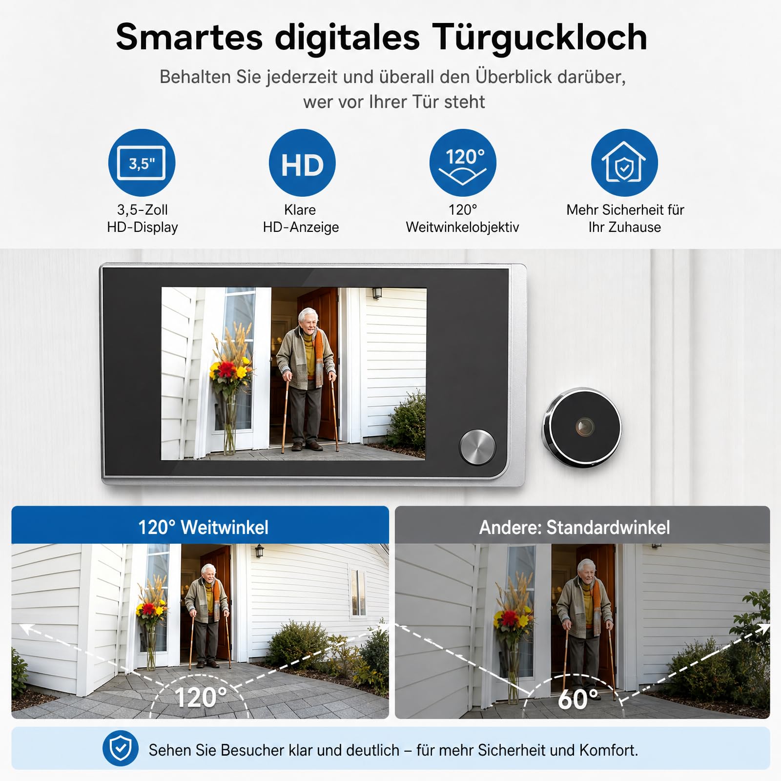 Türspionkamera mit Türklingel 3.5" LCD 120° Weitwinkel HD Haustür | 2MP Auflösung, Zinklegierung Anti-Pry, AAA Batteriebetrieben, Kabelloser Einbau, Gucklochkamera, 35-100mm Türdicke