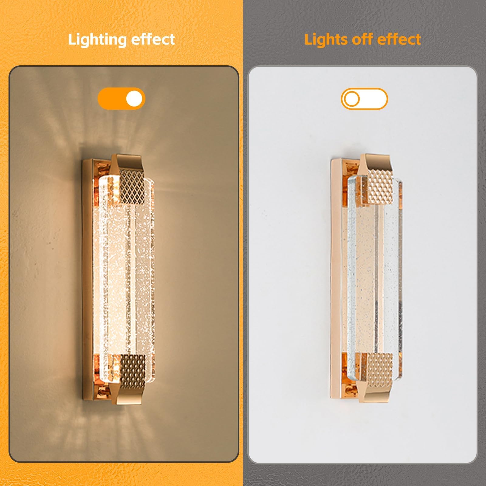 12W LED K9 Blasen-Kristall-Wandleuchte Gold Innen, 3 Farbwechsel | Edelstahlrahmen mit Flimmerfreier Stromsparender Integrierter LED, Luxuriöse Kristall-Wandlampe für Wohnzimmer, Schlafzimmer