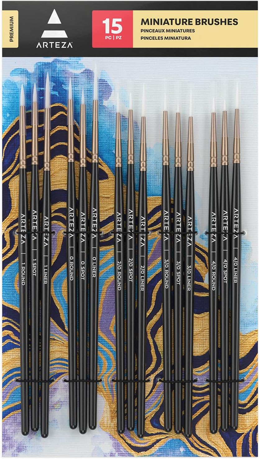 ARTEZA Detail Paint Brushes, Set of 15, Miniature Paint Brush Set with Spot, Round and Liner Tips, Fine Tip Paint Brushes for Acrylic Painting, Watercolor, Models, Crafts and Canvas