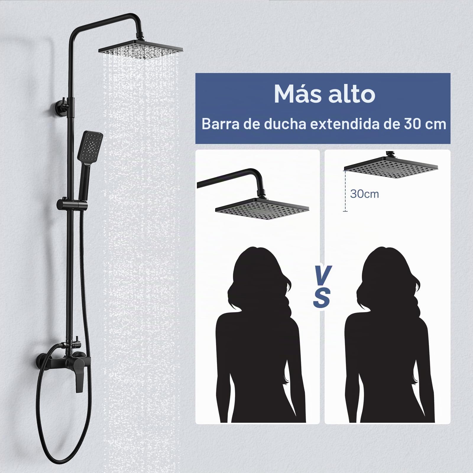 Columna Ducha con Grifo Negro, Altura Regulable 110-145cm, Conjunto Completo con Grifo Monomando, Sistema de Lluvia Cuadrada 21x21cm, Ducha de Mano de 3 Modos, Manguera 1.5 m