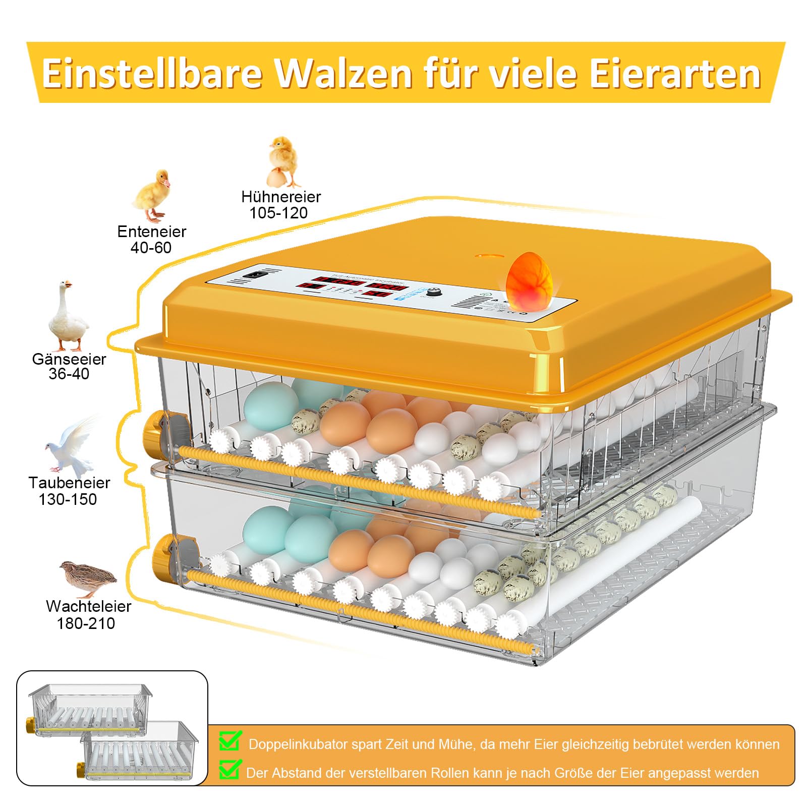 Brutautomat Vollautomatisch von 120 Eiern, Brutmaschine mit automatischer Eierwende und Feuchtigkeitsüberwachung, Temperaturkontrolle, 5 automatische Brutmodi und Brutdaueraufzeichnung