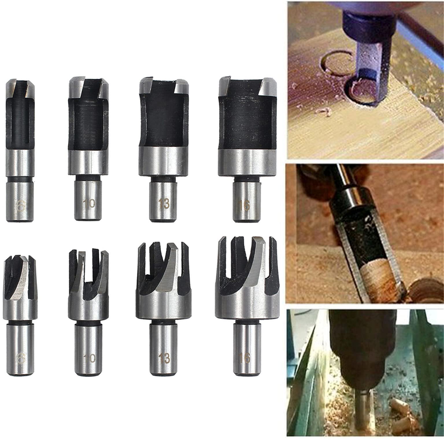 mitoharet 8-Pack Wood Plug Cutter Drill Carbon Steel Bit Set, Straight and Tapered Taper Cutting Tool, Woodworking Chamfer Drill Bits 5/8In, 1/2In, 3/8In, 1/4In (6MM 10MM 13MM 16MM)