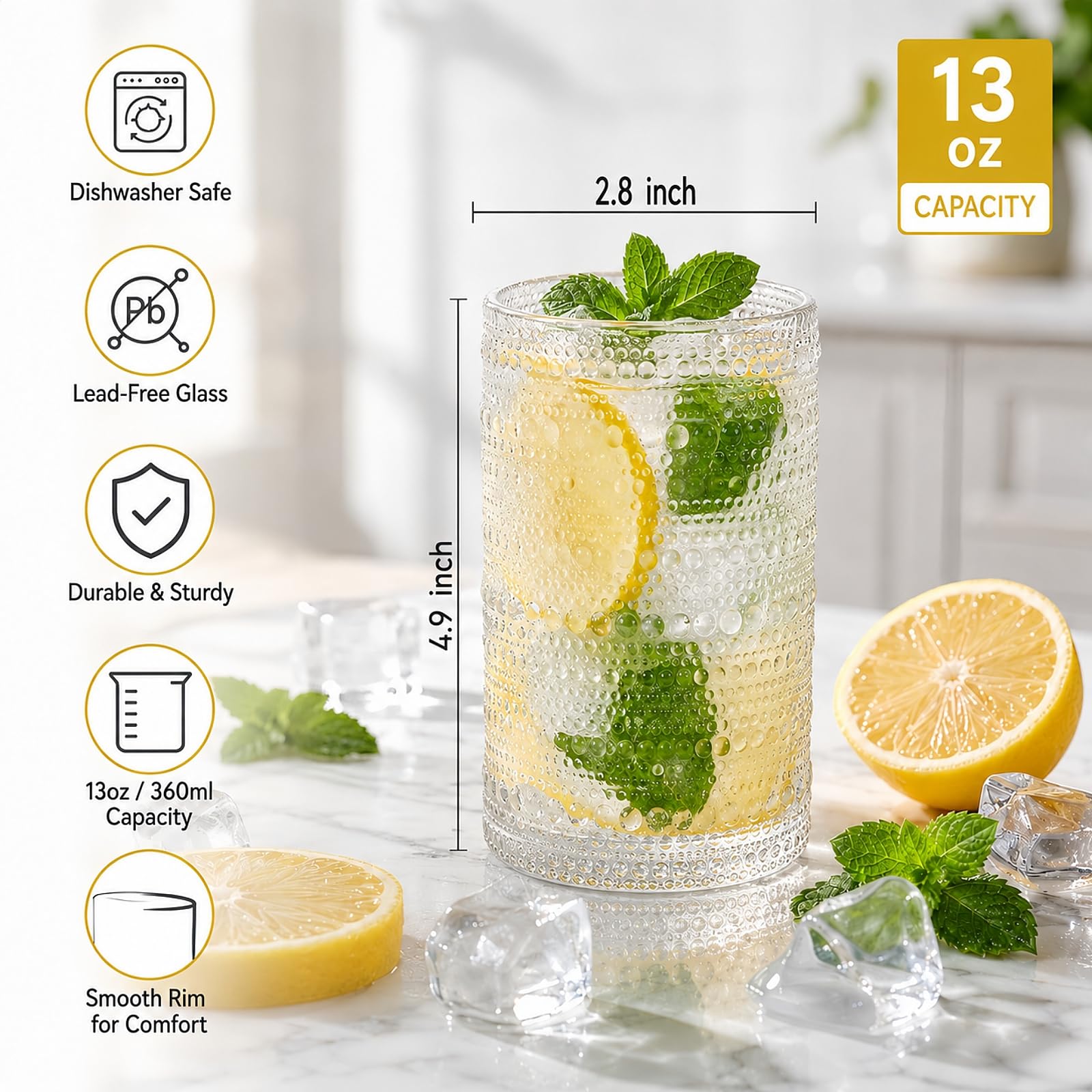 Amazon.com | ZOOFOX Set of 6 Vintage Hobnail Drinking Glasses, 13