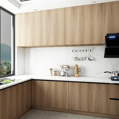 Miniatura 4 de Papel tapiz de madera de nogal extra ancho de 31.5 x 315 pulgadas, papel de contacto de grano de madera marrón claro, diseño de ranura de guía de