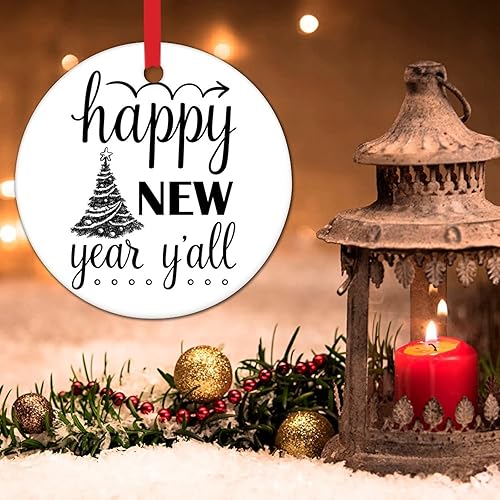 Vista 2 de Feliz Año Nuevo Yall Adorno de árbol de Navidad con citas divertidas Decoración de árbol de Navidad Recuerdo Feliz Año Nuevo Novedad Adornos