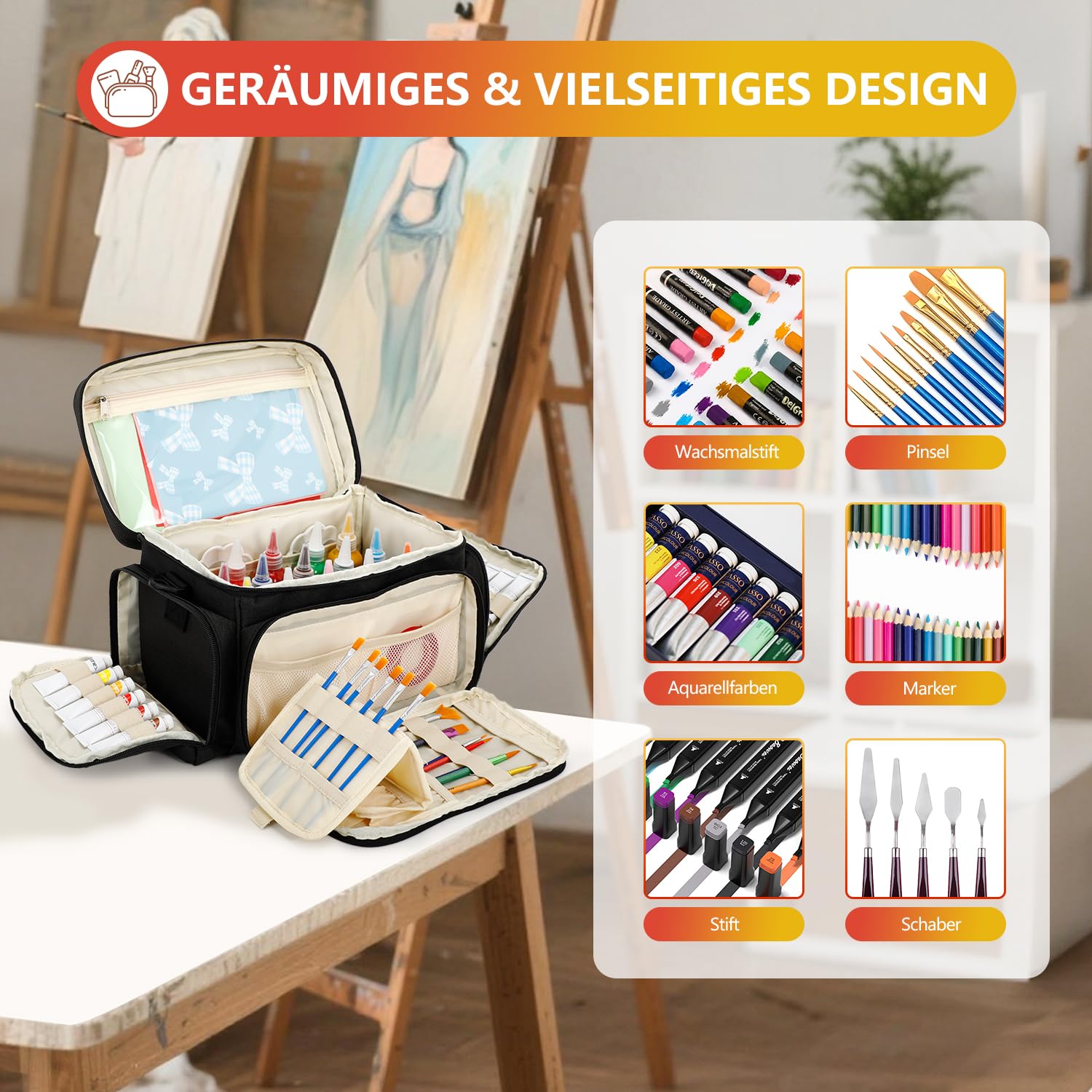 Acrylfarben-Organizer Tasche – Künstler-Aufbewahrung für Malutensilien, Tragbare Pinseltasche & Art Tote Bag, Wasserabweisend mit Fächern für Pinsel, Farben & Zubehör (Nur Tasche)