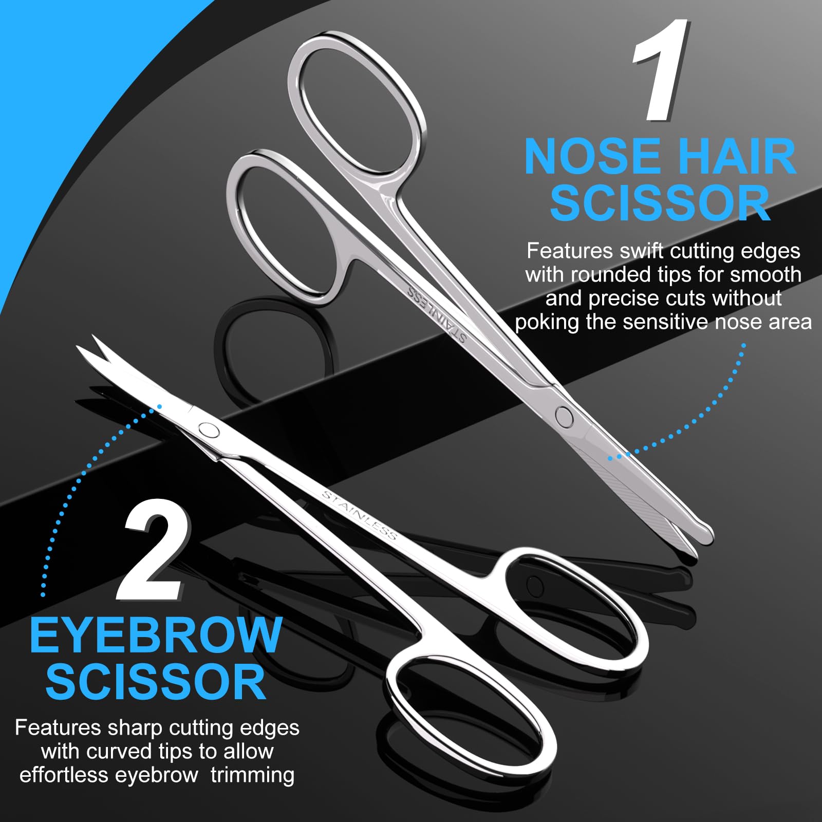 Tijeras de aseo para cejas, curvadas y redondeadas para cejas, vello de nariz, barba, bigote, pestañas, kit de corte de pelo de orejas