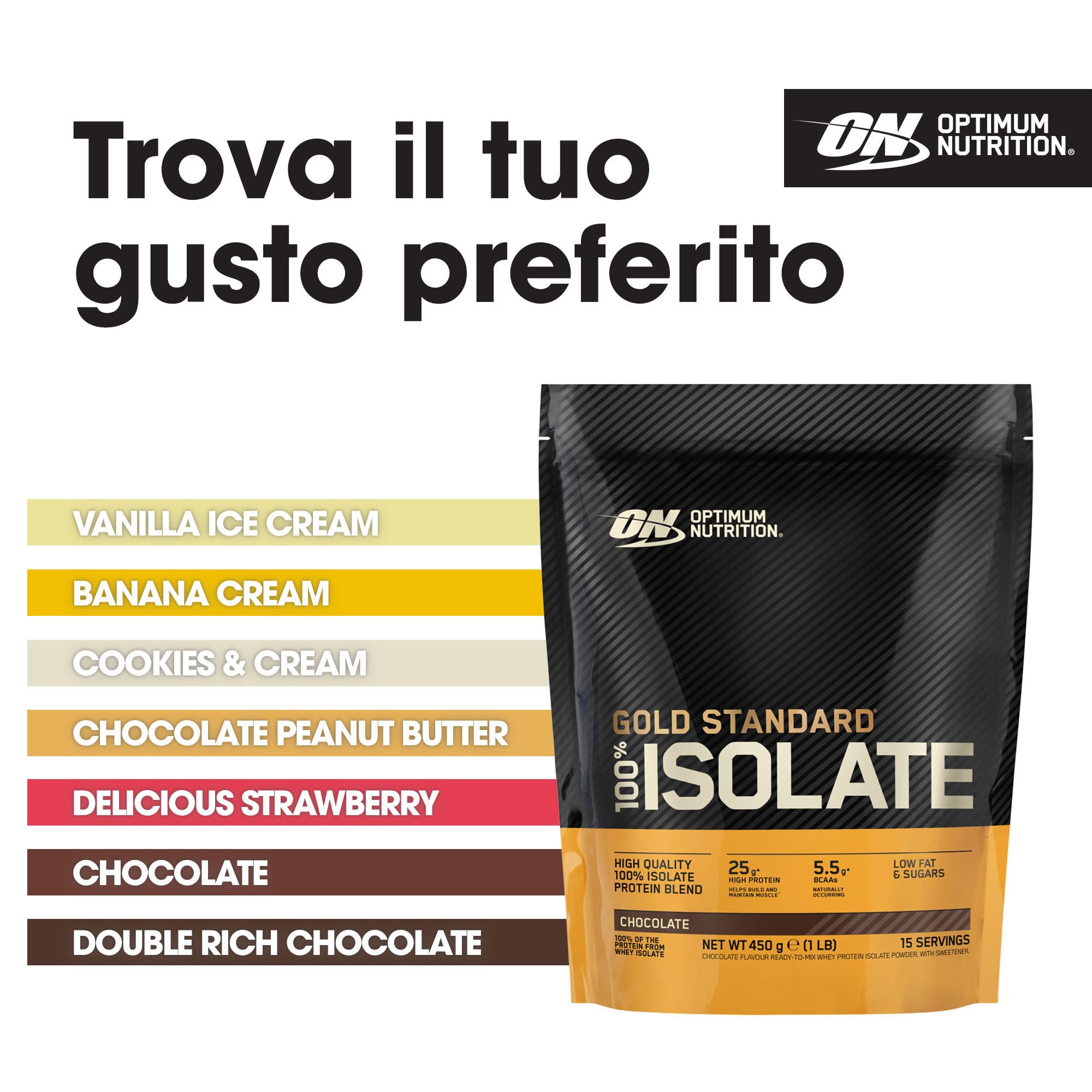 Optimum Nutrition Gold Standard 100% Whey Proteine Isolate in Polvere, Gusto Cioccolato, 450g, 15 Porzioni