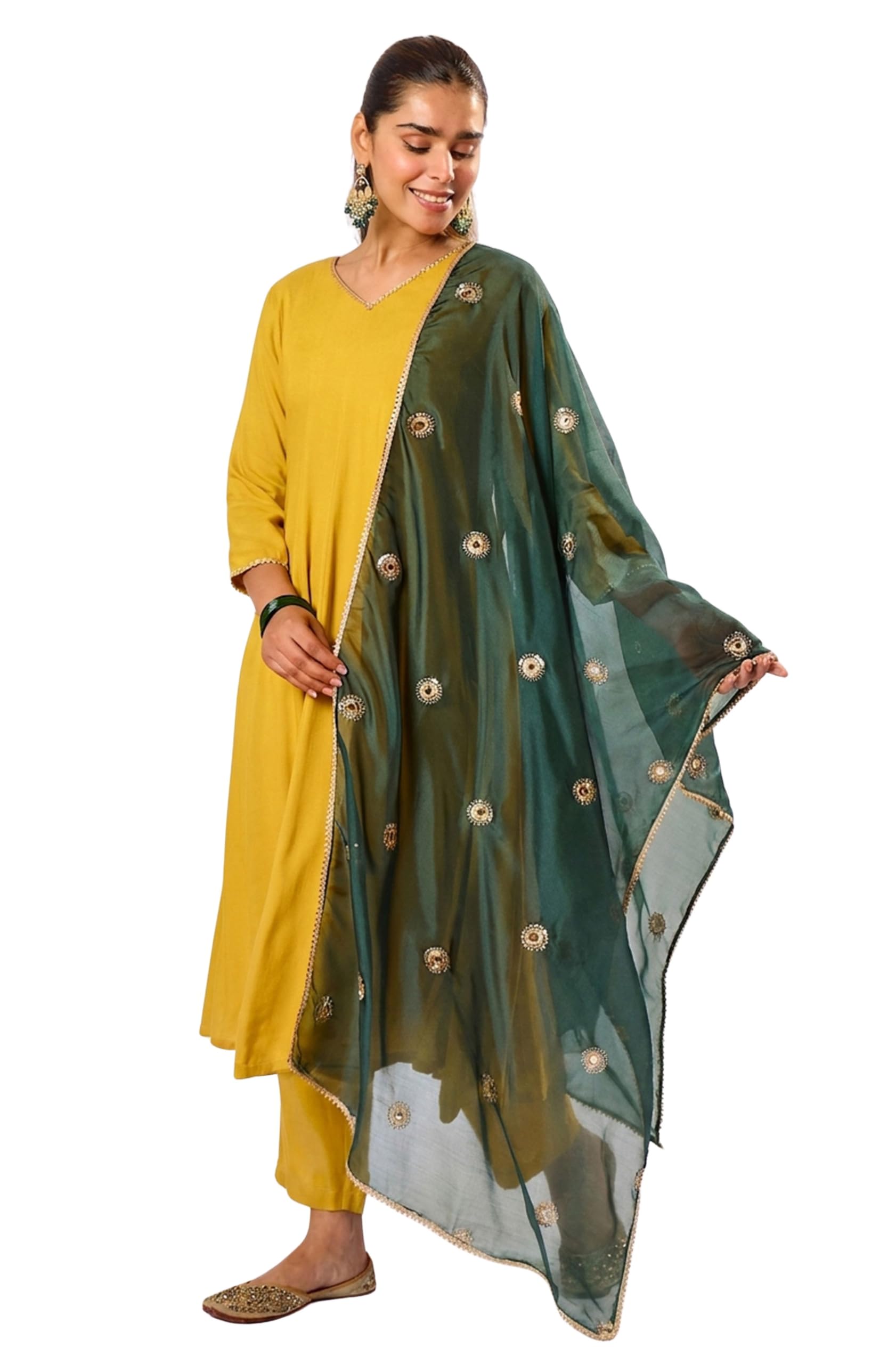 janasya Women's Mustard Yellow Rayon Embellished Anarkali Kurta Set with Embroidered Dupatta-picture-23