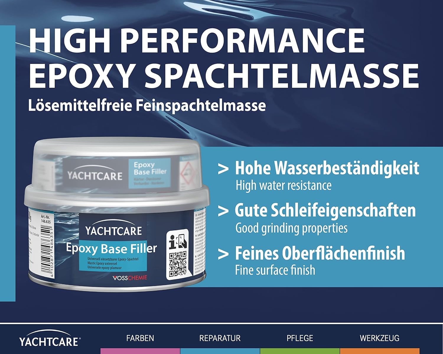 Yachtcare Base Filler - Espátula epoxi, Color Gris Claro, 500 g - Espátula epoxi Universal para Barcos y Yates con Alta Carga de Agua | Masilla epoxi para motores y veleros – extremadamente resistente al agua – secado rápido y lijable – no encoge