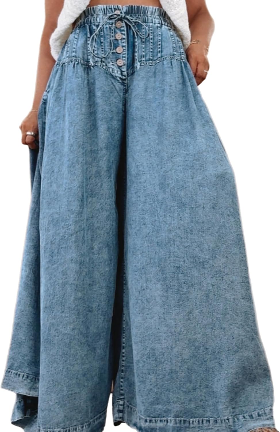 Women's Vintage Baggy Wide Leg Jeans High Waisted Buttons Drawstring Pleated Hem Denim Pants