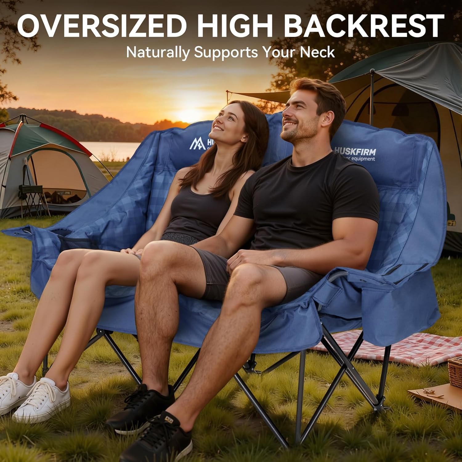 Huskfirm Padded Double Camping Chair High Back 2 Person Camping Chair Oversized Camping Loveseat Support 800LBS Heavy Duty Camping Couch with Cup Holders, Cooler, Carry Bag, Blue