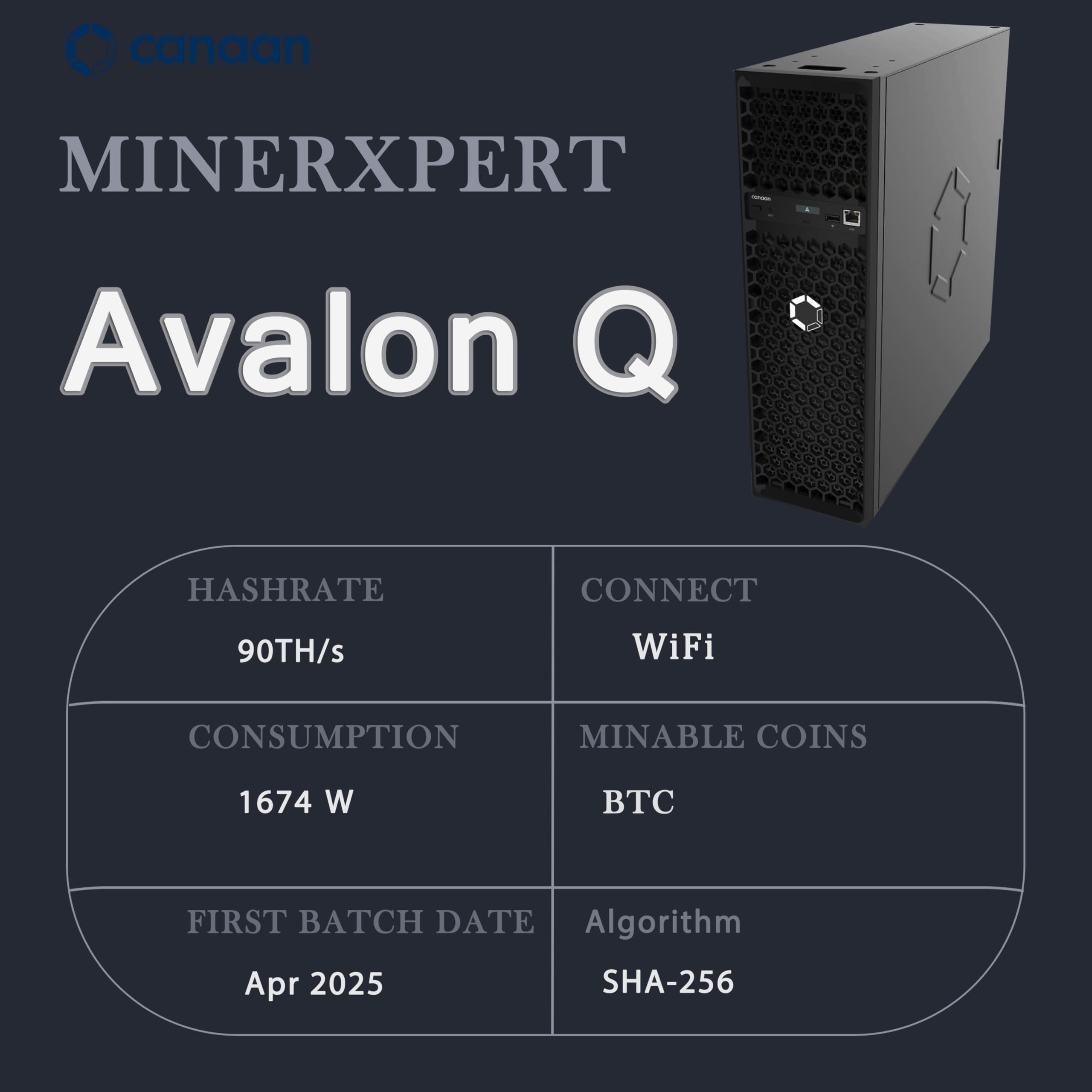 in US Stock Canaan Avalon Q 90TH/s BTC Miner 18.6J/TH 1674W ASIC Miner, Quiet Home Mining, Original Power Cord Included