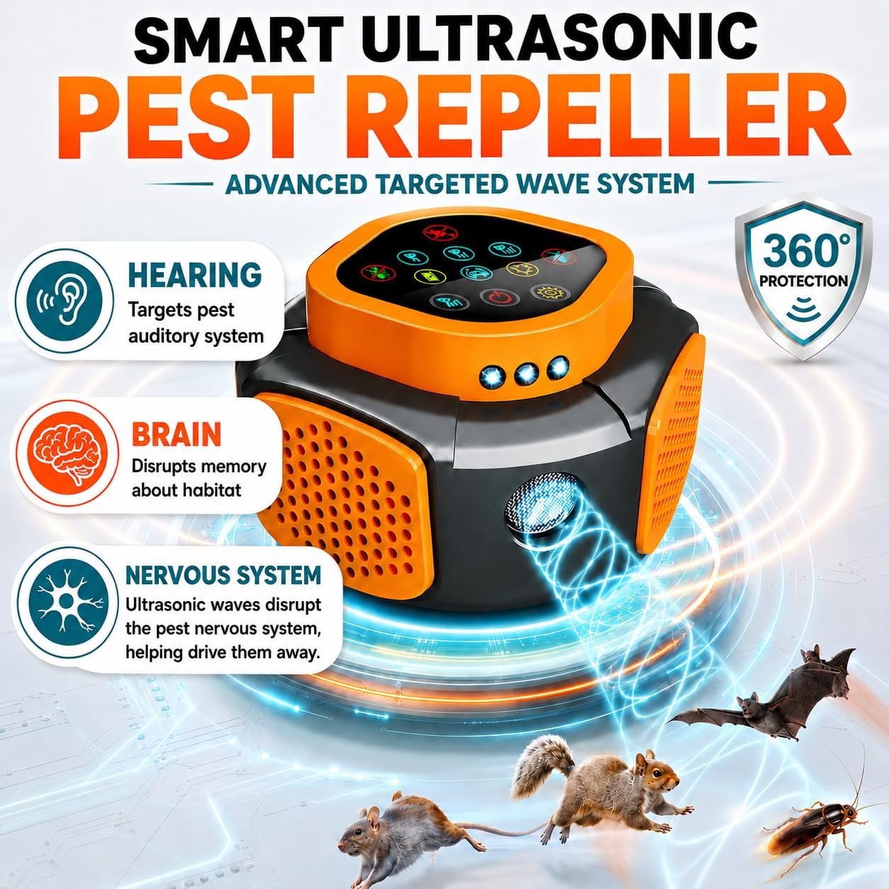 Smart Ultrasonic Pest Repeller, Mouse Ant Squirrel Spider Roach Repellent