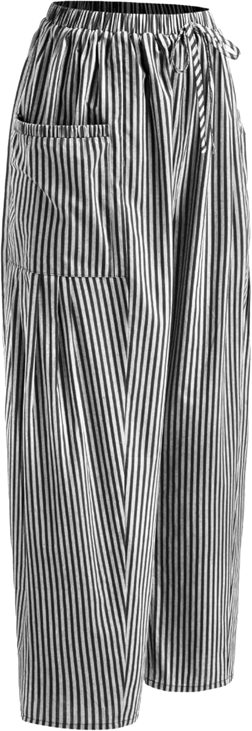 Yeokou Women Wide Leg Pants Casual Striped Cotton Mid Rise Drawstring Palazzo Trousers with Pockets - Image 5