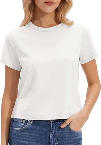 Stelle Womens Short Sleeve Crewneck T-Shirts Cotton Basic Tees Summer Casual Solid Crop Tops