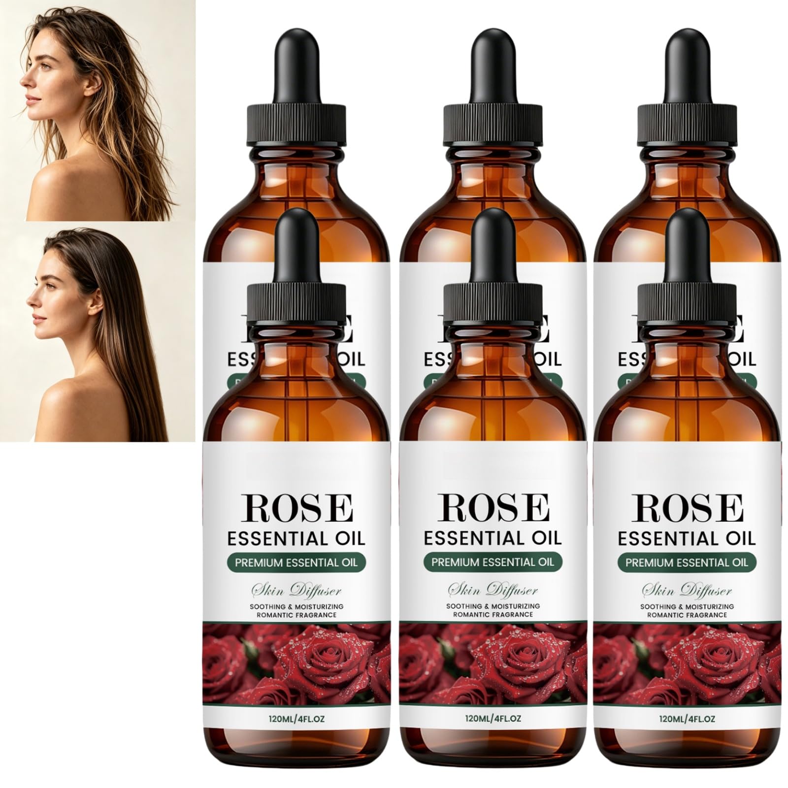 Rose Essential Oil Glass Dropper Bottle, olejek eteryczny do pielęgnacji skóry i włosów, romantyczne serum nawilżające do twarzy, długotrwały aromat kwiatowy relaks (6 szt.)