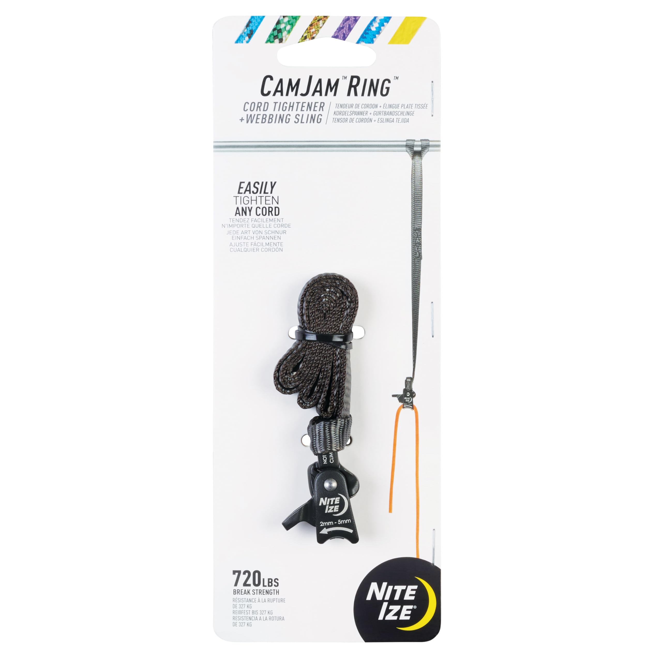 Nite Ize CamJam Ring Cord Tightener & 12" Webbing Sling - Features Pull-to-Tighten Lock & Quick-Release Lever - 240 lb Working Load Limit & 720 lb Break Strength - Fits Cords 2–5mm - Small