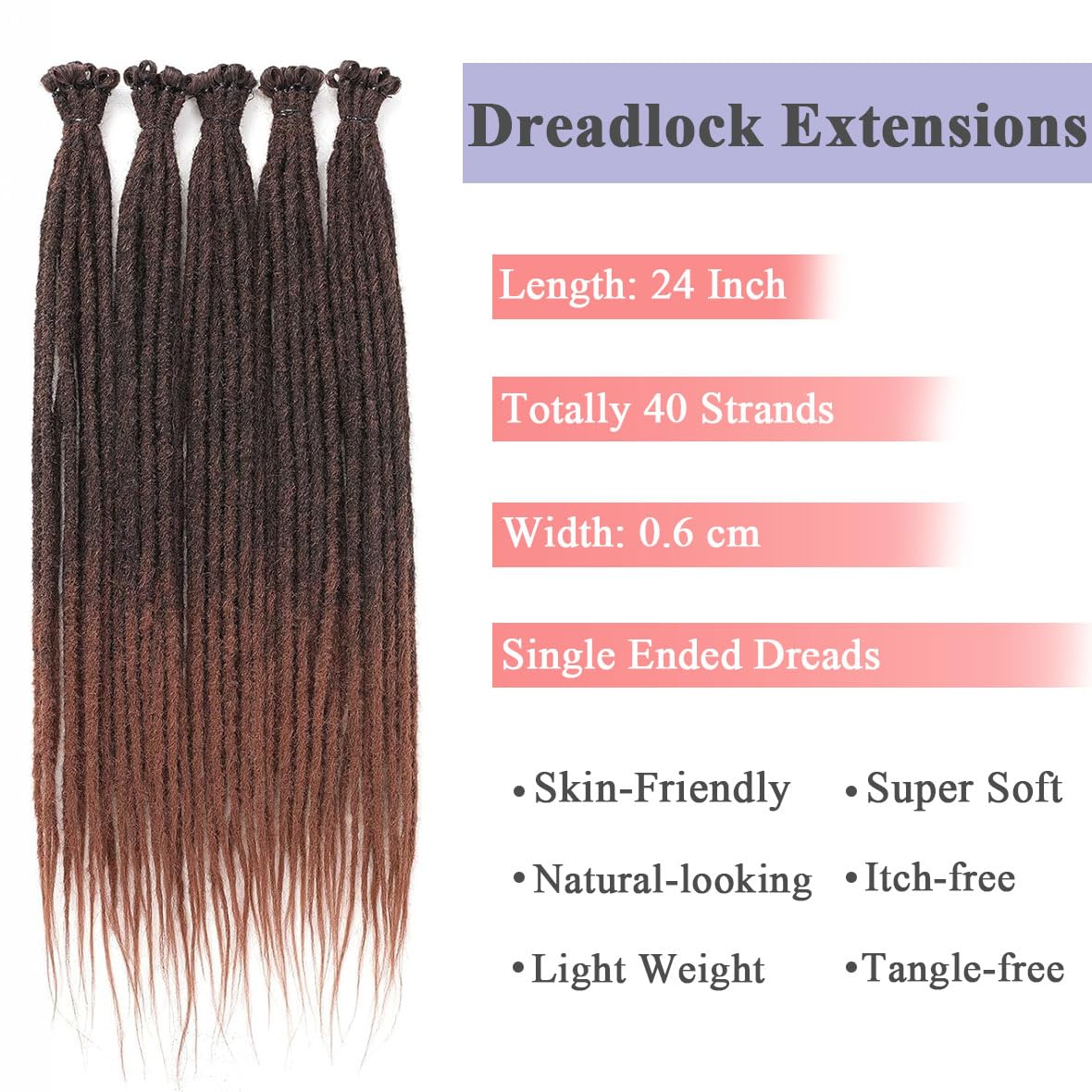 Leeven 24 Inch Ombre Brown Dreadlock Extensions 40 Strands Soft Reggae Braid Locs 0.6 Width Single Ended Dreads Synthetic Handmade Crochet Locs Hippie Dreadloc /T30# - Image 3