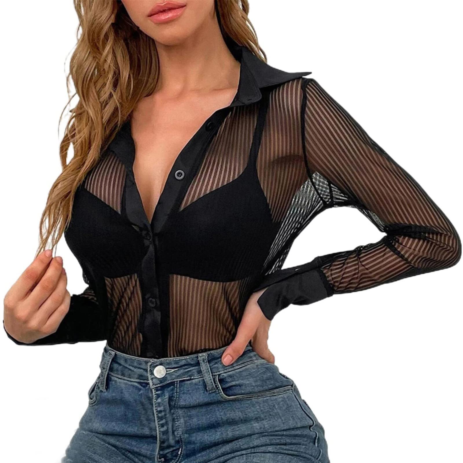 GenericWomen's Sheer Mesh Button Down Sexy Shirt Top Long Sleeve Blouse 70s Shirt for Women Light N Fit