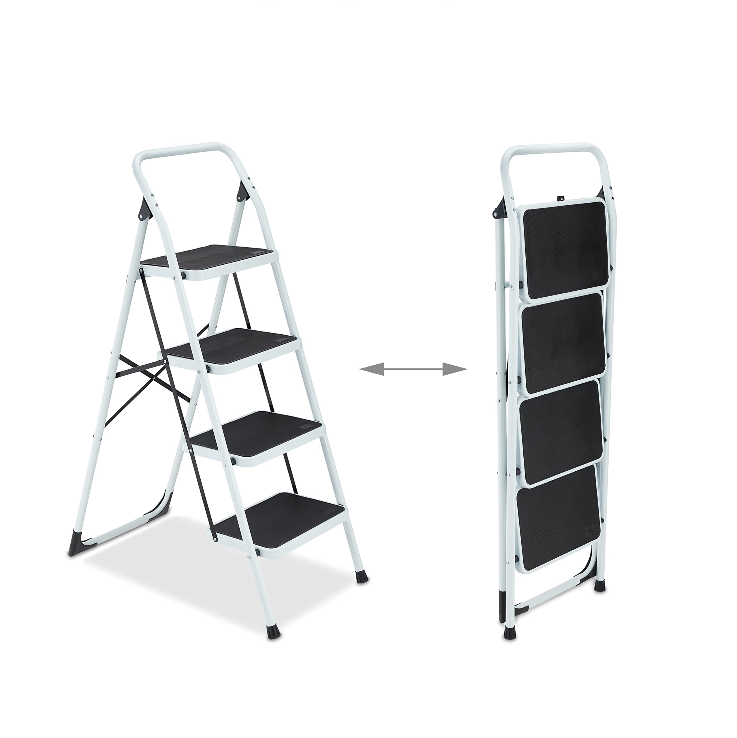 Scaletta In Alluminio Relaxdays 4 Gradini – Con Barra Di Sicurezza, Portata 150 Kg, Pieghevole, 137x43x75 Cm